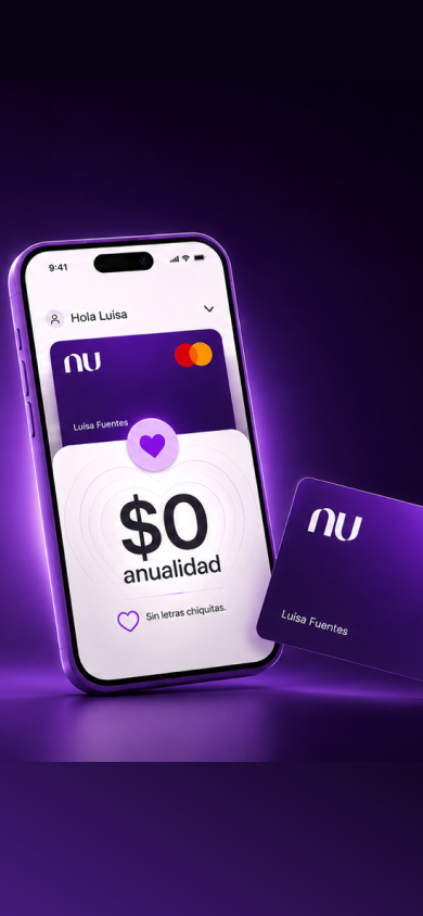 Imagen de dos tarjetas moradas flotando con un fondo violeta