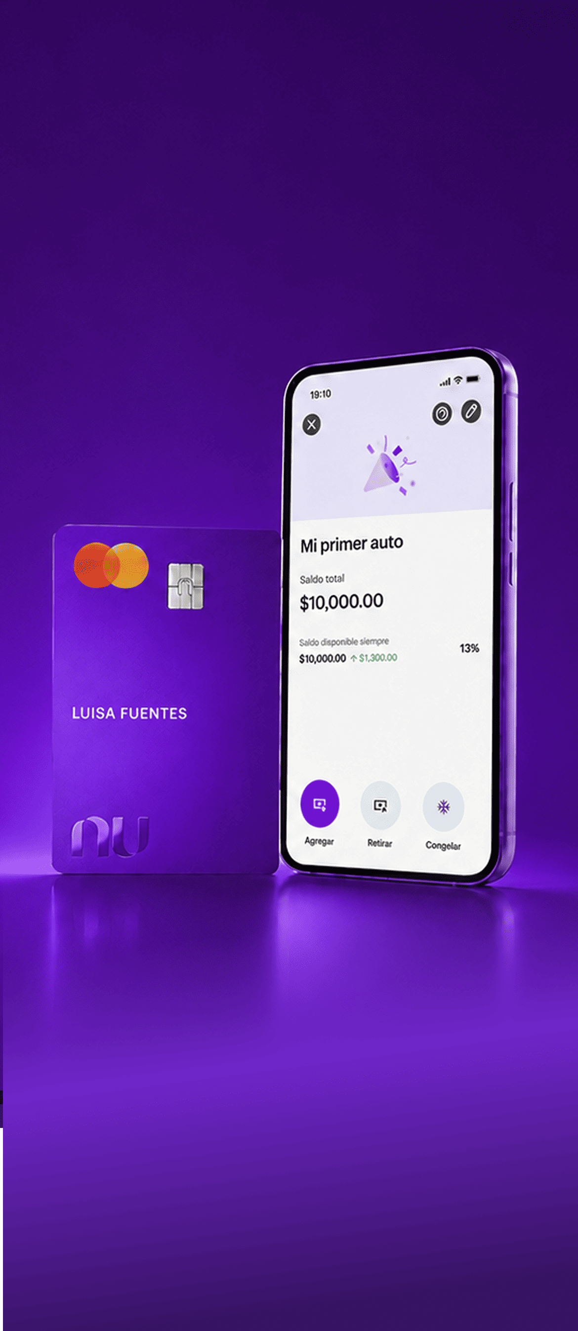 Imagen de dos tarjetas moradas flotando con un fondo violeta